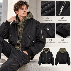 Giacca Bomber Invernale da Uomo Personalizzata con Cappuccio, Stile Camouflage Finto Due Pezzi, Trendy, Ampia, Pesante, con Zip, Streetwear - Product Image 3