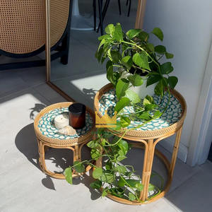 Ensemble de tables basses en rotin naturel faites à la main avec dessus incrusté de nacre, motif floral, table d'appoint ronde pour la décoration du salon - Product Image 6