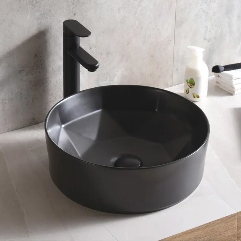 Lavabo de cerámica de estilo moderno, lavabos de color mate, negro, redondo, venta al por mayor