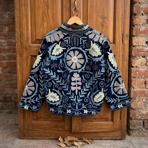 Rajasthani Textile Navy <b>Velvet</b> Floral Embroidered Jacket <b>Women</b> Mandarin Collar Cotton Lined <b>Coat</b> - Product Image 4