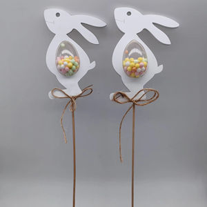 10cm coelho com ovo transparente & decoração de grânulos coloridos dentro na picareta, conjunto de 2. 2pcs embalado em polybag, altura total 32cm - Product Image 1