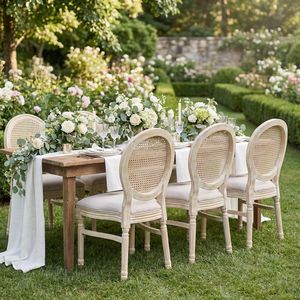 <span class=keywords><strong>Chaise</strong></span> <span class=keywords><strong>de</strong></span> banquet empilable <span class=keywords><strong>de</strong></span> style <span class=keywords><strong>Louis</strong></span> <span class=keywords><strong>XVI</strong></span> français, en bois massif avec dossier en rotin, pour événements et mariages, vente en gros à prix réduit - Product Image 1