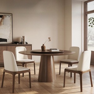 Round Solid Wood Dining <b>Table</b> With Rotatable Top <b>Walnut</b> Color For Dining Room - Product Image 3
