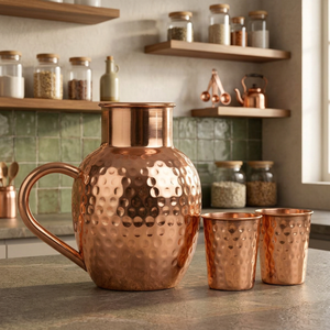 Hammered <b>Copper</b> Water jug With <b>Handle</b> And Two Matching Cups Vintage Style Metal Drinkware Set - Product Image 2