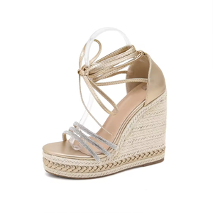 Sandales élégantes de luxe pour femmes à bout ouvert, talons compensés, été automne, lacets, tissées, talons hauts à semelle épaisse, à enfiler, talons hauts de luxe - Product Image 5