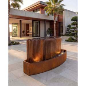 Fuente de agua curva de acero corten H100 x W210 x D70 cm con iluminación LED para jardines, hoteles y villas al aire libre - Product Image 1