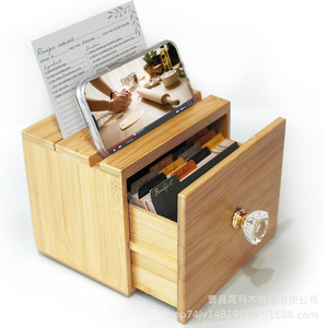 Bamboo Recipe <b>Box</b> With Drawer <b>Storage</b> For <b>Kitchen</b> Desktop Organizing Cards And Small Items - Product Image 5