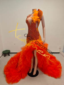 Ocstrade One Piece Custom Split <strong>Orange</strong> Beaded Rhinestone Evening <strong>Dress</strong> Gown With Ornate Floral and Dramatic Ruffled Tulle Train - Product Image 5