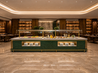Comptoir de buffet d'hôtel de luxe personnalisé, bar à sushi japonais Omakase, présentoir alimentaire modulaire en libre-service, éclairage LED en laiton, respectueux de l'environnement