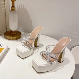 Sandales d'été pour femmes, nouvelle mode, à bout ouvert, avec strass, talon haut, plateforme épaisse, en maille, pour pantoufles - Product Image 1