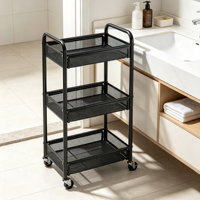 Chariot de rangement roulant moderne à 3 niveaux en métal grillagé avec crochets et porte-gobelets, chariot utilitaire à roulettes pour cuisine, salle de bain, bureau