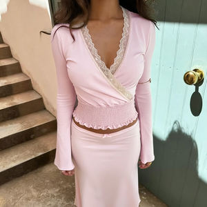 Camiseta de Manga Larga Informal con Ribete de Encaje Rosa, Ecológica, Cintura Elástica, Tejido de Punto, Capa Base Multifuncional para Yoga - Product Image 5