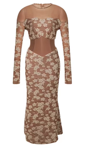 优雅复古棕色花卉镂空冬季紧身胸衣连衣裙女式长袖休闲派对风格中长度假舞会时尚 - Product Image 4