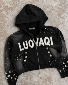 Sweat à capuche zippé <span class=keywords><strong>noir</strong></span> en gros, orné de strass, effet éclaboussures de peinture, coupe courte, style vintage, streetwear pour homme - Product Image 1