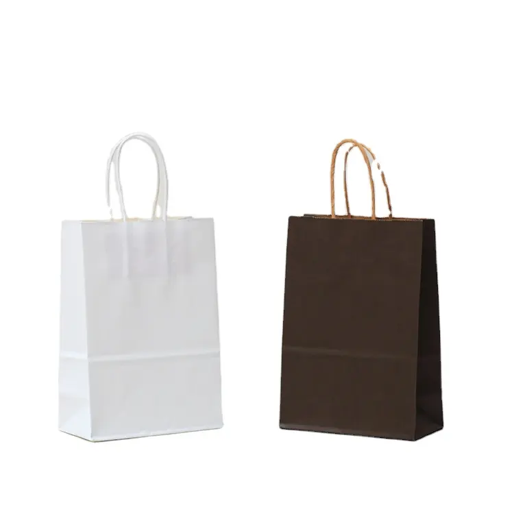इको फ्रेंडली लोगो गिफ्ट ब्राउन व्हाइट पैकेजिंग कपड़े आपके लोगो के साथ मुद्रित शॉपिंग पेपर बैग