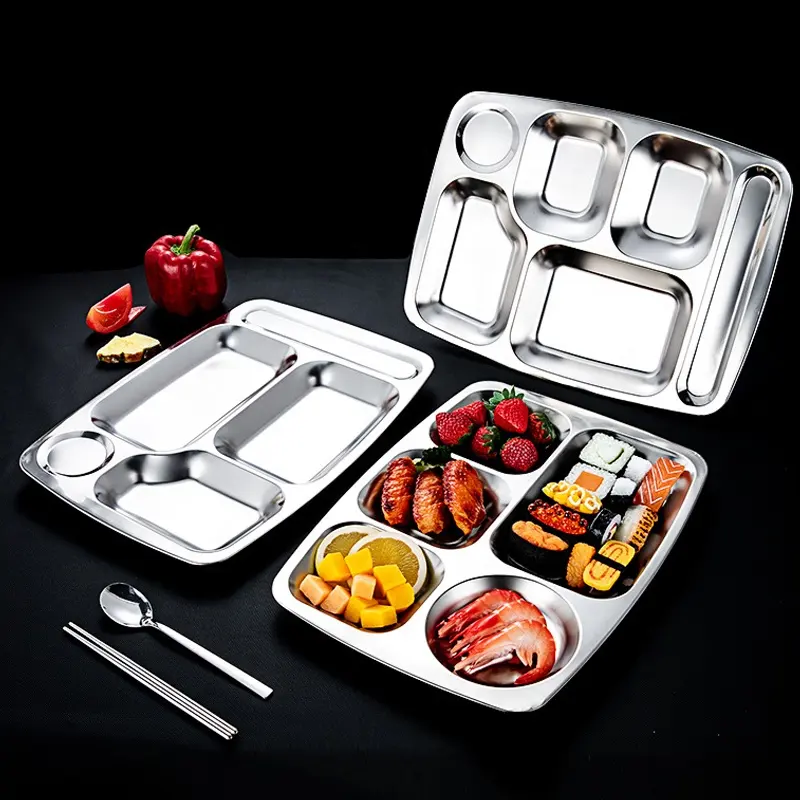 compartments stainless steel lunch tray school hospital food divided dinner Fast food plate