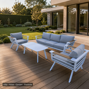 Ensemble <span class=keywords><strong>de</strong></span> canapé d'extérieur KD en <span class=keywords><strong>aluminium</strong></span>, 3 places + 2 chaises individuelles + table basse, coussin épais <span class=keywords><strong>de</strong></span> 11 cm, aspect teck, accoudoirs en plastique imitation bois - Product Image 1