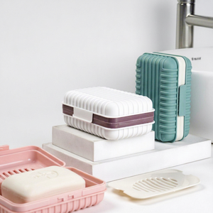 Porte-savon de voyage avec couvercle, drainable, portable, rectangulaire, en PP, design minimaliste, bleu/blanc/rose, pour la maison et les voyages - Product Image 1