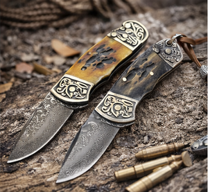 Couteau de poche pliant de survie UN512R en gros, mini couteau à lame tranchante en <span class=keywords><strong>damas</strong></span>, manche en os de vache marron-jaune sculpté en laiton - Product Image 3