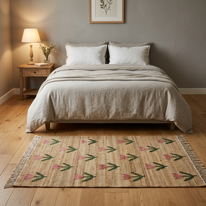 Handmade Jute Area <b>Rug</b> Floral Pattern Rectangle Farmhouse Style <b>Thin</b> Flat Weave Natural Fiber Eco-Friendly Home Decor - Product Image 4
