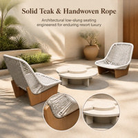Ensemble de meubles d'extérieur modernes et durables de style farmhouse, chaise en rotin, bois de teck, jardin, patio, cour, balcon, hôtel, villa, imperméable
