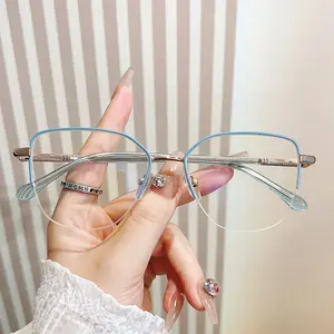 Grosir Semi tanpa bingkai 2024 kacamata wanita bingkai logam kacamata wanita bingkai kacamata tanpa bingkai biru merah muda bingkai optik
