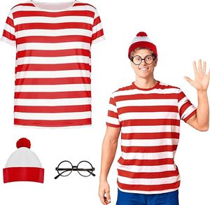 Costume à rayures ensemble classique déguisement Costume tenue T-shirt bonnet chapeau lunettes moustache pour femmes hommes Cosplay journée mondiale du livre - Product Image 2
