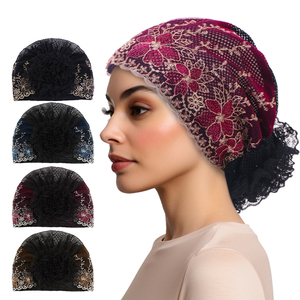 Chapeau turban en dentelle à fleurs pour femmes, couvre-chef musulman islamique, turban africain en perles, couvre-chef doux et extensible - Product Image 3