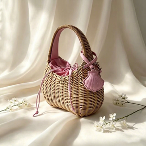 Bolso de Mano de Paja para Mujer, Estilo Bohemio Vintage, Asa Única, Cierre de Cremallera, Apliques de Conchas, para Uso Diario en Otoño e Invierno - Product Image 1