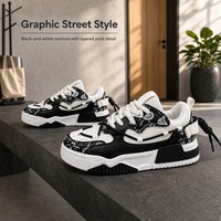 Baskets Chunky Imprimées Noir et Blanc, Style Décontracté Streetwear, à Lacets, Semelle Épaisse, Chaussures de Sport Tendance pour Hommes et Femmes, Fournisseur en Gros