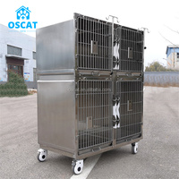 OSCAT 4-deurs roestvrijstalen hondenkooi, dierenkliniek kooi met vuilbak, veterinair instrumentarium, EC-1