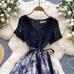 Gaun pesta sosialita, gaun pesta malam renda leher V lengan pendek motif bunga Jacquard Puffy, gaun Cocktail A-Line untuk wanita - Product Image 4