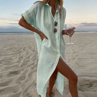 Robe longue en lin pour femme, style kimono, décontractée, à manches courtes, avec boutons, idéale comme cache-maillot de bain, concept simple pour le dropshipping