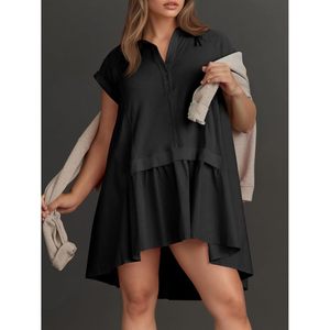 Robe courte d'été pour femmes, manches courtes, col en V, décontractée, surdimensionnée, patchwork, tissu respirant, tissé, pour tous les jours - Product Image 5