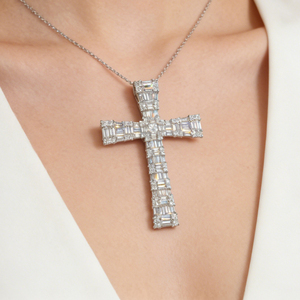 CUSTOM SILVER 10K/14K/18K GOLD PLATED LAB GROWN CVD DIAMOND CLASSIC ENGAGEMENT GIFT SWEATER <b>CHAIN</b> NECKLACE <b>CROSS</b> PENDANT - Product Image 4
