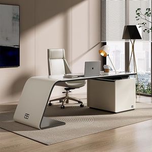 Juego de Silla y Escritorio de Oficina de Estilo Italiano, de Alta Gama, Ligero y Lujoso, con Estantería, Material de PVC, Saludable para la Oficina - Product Image 1