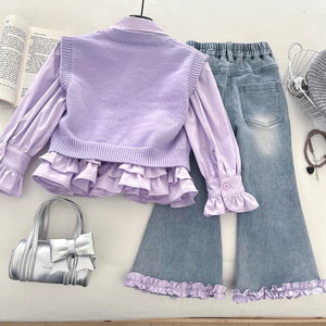 Set Sweater Kasual Bernapas dengan Hiasan Bunga 3D untuk Anak Perempuan Musim Gugur 2025 Gaya Korea Kemeja Rajut Celana <span class=keywords><strong>Jeans</strong></span> Model Melebar - Product Image 2