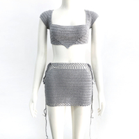 Haut court brillant fait à la main pour femme avec jupe à lacets, cache-maillot de Bikini, jupe en Crochet, dos nu, mini-jupe, ensembles bleu argenté brillant