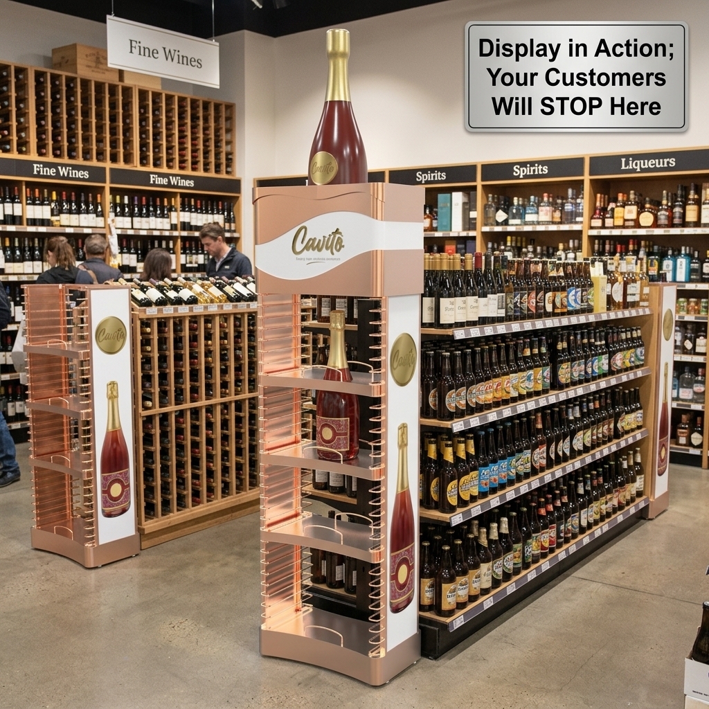 Custom Metal Liquor Display Stand Rose Gold Wine Rack LOGO Champagne Merchandiser Luxury Boutique Hotel Lounge FSDU Floor Shelf — view 2