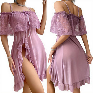 Sommerliches, atmungsaktives, transparentes Spitzen-Dessous-Set mit schulterfreiem Satin-Maxirock, elastischem Bund, sexy Bodysuit und festem Schleifenband – Handwäsche - Product Image 3