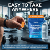 Gummies de créatine monohydrate pour la croissance musculaire chez l'adulte - Certifiées Halal, 2g par dose, Bouteille de 60 unités, Végétaliennes, Sans gluten, Naturelles, Marque privée