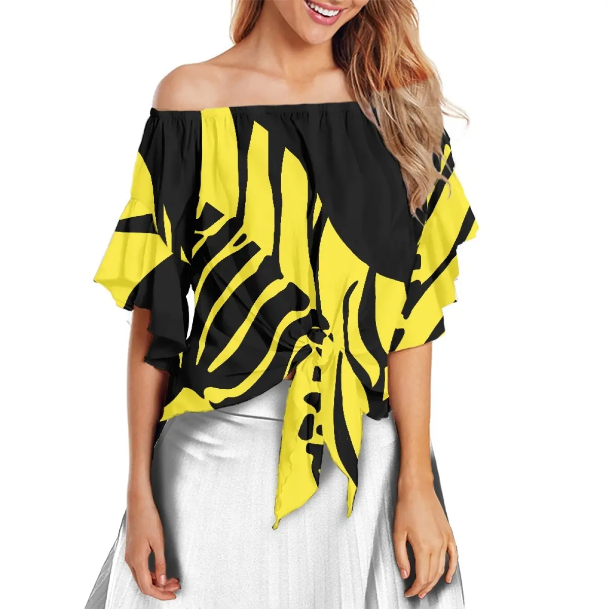 Black And Yellow Polynesian Chiffon Shirts For Women Hot Sale Wholesale Girls' Off Shoulder Blouse Summer Oversized Blouse