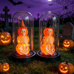 Halloween Decoration Warm Glow Halloween Light Halloween Skeleton Dome Cloche <b>Battery</b> <b>Operated</b> Lamp with Witch Hat Spooky - Product Image 1