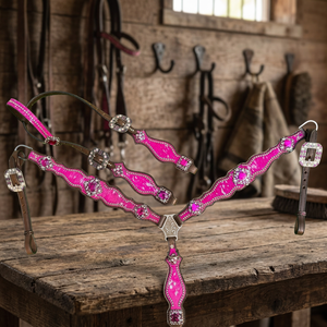 Conjunto de arreos para caballo de cuero genuino ligero, rosa intenso con manchas plateadas, incluye cabezada, pechopetral y silla de montar inglesa, de temporada - Product Image 2