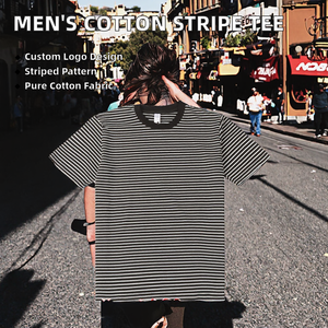 High Quality Men's Casual Stripe <b>Shirt</b> 100% Cotton Knitted <b>Black</b> White Stripe Tshirt Custom Logo Puff Printing - Product Image 2