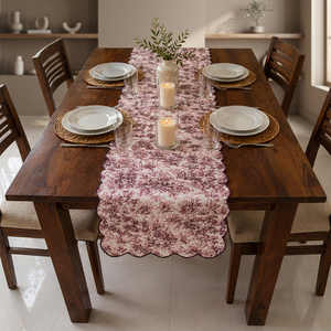 Chemin de table vintage en lin à motifs floraux avec bord festonné pour la décoration de table à manger, linge de table décoratif avec bordure à franges - Product Image 3