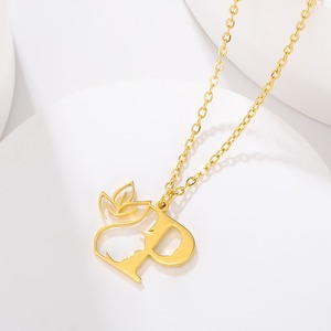 Collar con inicial de NEWNORTH, joyería de acero inoxidable, cara ahuecada, flor, letra 26, collar con colgante inicial del alfabeto para mujer - Product Image 4