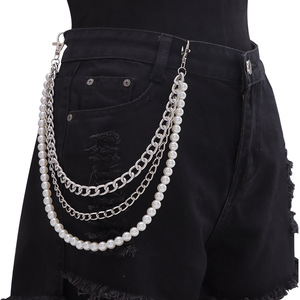 Cadena de cintura de perlas de doble capa de metal, cadena de perlas de imitación plateadas y blancas, cadena corporal informal de moda, accesorio retro moderno de estilo hip hop - Product Image 2