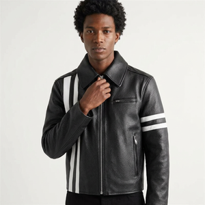Mens Real Black Leather Jacket Slim Fit Biker Motorcycle Vintage Striped Cowhide <b>Coat</b> Custom Classic Fashion Outerwear Cold Wear - Product Image 1