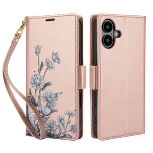 Funda de teléfono de cuero PU con tapa de flores a la moda para <span class=keywords><strong>iPhone</strong></span> 16 15 14 13 <span class=keywords><strong>12</strong></span> 11 Pro Max funda de teléfono con ranura para tarjeta con correa - Product Image 1